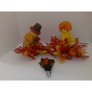Vintage 1980s Plastic Thanksgiving Pilgrim Boy Girl table Decorations Turkey
